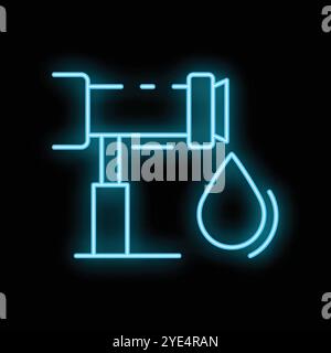 Neonblaues Symbol eines Ölpumpenhebers, der einen Tropfen Öl auf schwarzem Hintergrund absaugt Stock Vektor