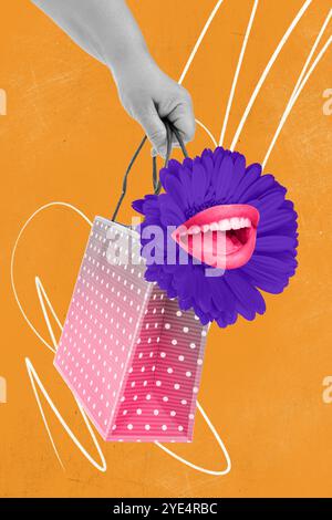 Collage Bild Bild der Frau tragend Tasche Blumengeschäft Verkauf Rabatt isoliert auf kreativen Zeichnung Hintergrund Stockfoto