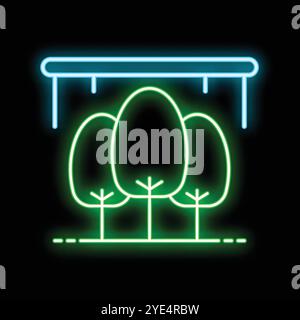 Helles Neonsymbol einer Gruppe grüner Bäume unter einem Baldachin auf schwarzem Hintergrund Stock Vektor