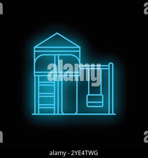 Blauer Spielplatz mit leuchtender Neonlinie mit Rutsche und Schaukel auf schwarzem Hintergrund Stock Vektor