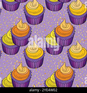 Nahtloses Muster mit Cupcakes. Muffinkuchen, süßer Cupcake mit Sahne, leckeres Gebäck. Moderne Vektor-Illustration für Stoff, Textil. Nachtisch Stock Vektor