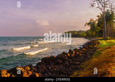 Kala Pathar Beach auf Andaman Island, Indien, mit üppigen Bäumen, felsigen Ufern und ruhigen blauen Wellen. Stockfoto