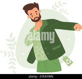 Umweltfreundliches Shopping. Ein bärtiger Mann probiert eine modische Geschäftsjacke aus recyceltem Material an. Umweltfreundliche Kleidung kaufen. Recycling, nachhaltige Mode Stock Vektor