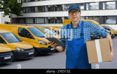 Mann in Uniform mit digitalem Tablet. Stockfoto