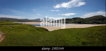 Hügelige Landschaft mit Gras, Gänseblümchen, Löwenzahn, Sand und Meerwasser bei Ebbe, an der Küste des Nordatlantischen Ozeans nahe Cape Wrath und Sandwood Stockfoto