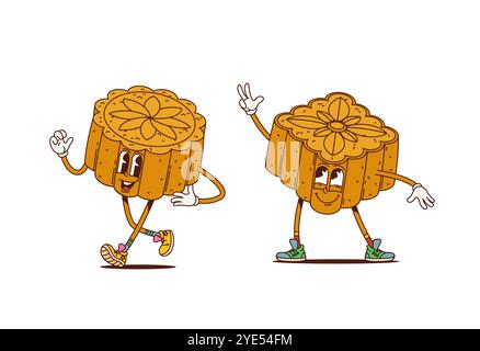 Groovige Retro-Cartoon japanische Mooncake Charaktere, Vektor funky süßes Gebäck. Groovige lustige Mooncakes oder japanische und chinesische Dessertmenüs mit fröhlichen Gesichtern und lächelndem Lächeln für lustigen Spaß Stock Vektor