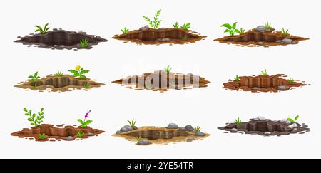 Erdlöcher, tiefe schmutzige Gruben und Höhlen. Zeichentrickvektorlöcher im Boden, Land oder Erde mit großen Rissen, grünem Gras, Pflanzen und Blumen, Schlamm und Felsen. Gartentier Höhlentunnel oder Lücken Stock Vektor