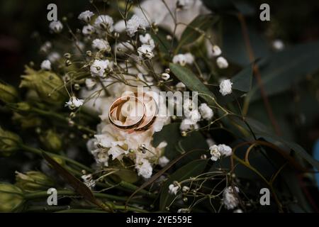 Elegante Hochzeitsringe Inmitten Zarter Weißer Blumen. Stockfoto