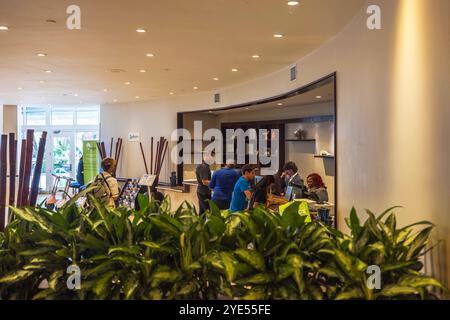Gäste, die an der Rezeption der Lobby des Radisson Hotels einchecken, sind mit Pflanzen und modernem Dekor eingerichtet. Miami Beach. USA. Stockfoto