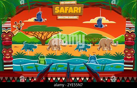Safari-Jagd, Karneval-Shooting-Spiel, Schießstand im Vergnügungspark. Vektor-Cartoon-Shooting-Spiel-Galerie von Karnevalsstand mit afrikanischen Tierzielen im Hintergrund der Savanne Natur Landschaft Stock Vektor