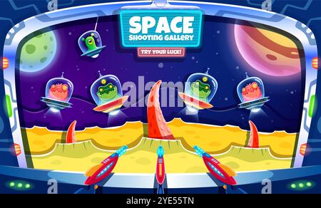 Galaxy Jagd Star Piraten und UFO, Karneval Shooting Game im Vergnügungspark. Schießstand mit Karneval, Jahrmarkt und Arcade, Vektor-Shooting-Game-Galerie mit Cartoon-Aliens, Raumschiff, Raumwaffen Stock Vektor
