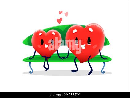 Cartoon nettes Paar von liebenden Herzfiguren, die auf der Bank sitzen, Vektor Emoji Emoticons. Fröhliche Herzfiguren beim romantischen Dating halten sich an Händen und sitzen zum Valentinstag auf der Bank Stock Vektor