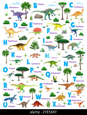 Dinosaurier-Alphabet mit Cartoon-Dino-Tieren und Buchstaben Vektor-Typografie-Poster. Niedliches ABC-Set mit jurassischen Dinosaurierfiguren und prähistorischen Pflanzen. Witziger tyrannosaurus rex, vulcanodon und Raptor Stock Vektor