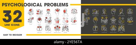 Psychische Störung Problem Symbole, psychische Gesundheit Linie Symbole. Vektorpsychologie, Gehirn- und Geistestherapie, Psychotherapie umreißen Anzeichen von Stress, Angst, Depression, bipolaren und Neurosestörungen Stock Vektor