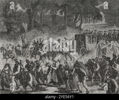 Französische Revolution. Flug nach Varennes (20-21. Juni 1791). König Ludwig XVI. (1754–1793) und seine Familie wurden am 21. Juni 1791 in Varennes verhaftet, als er versuchte, die royalistische Festung Montmédy zu erreichen. Zurück aus Varennes wurde die königliche Familie am 25. Juni 1791 nach Paris gebracht, begleitet von der Nationalgarde und bewaffneten Menschen. Die königliche Familie kehrte nach ihrer Verhaftung in Varennes nach Paris zurück. Zeichnung von Hippolyte de la Charlerie. Stich von Hebert. "Geschichte der Französischen Revolution". Band I, 1876. Verfasser: Hippolyte de la Charlerie (1827-1867). Belgischer Künstler. Stockfoto