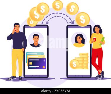 Online-, Transaktions-, Banking-, Finanz- und Digitaltechnologiekonzept. Mann, der Geld per Smartphone übergibt. Vektorgrafik. Flach. Stock Vektor