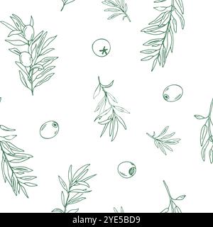 Grafisches nahtloses Muster mit grünen Olivenzweigen auf weißem Hintergrund. Handgezeichnete Vektorgrafik. Kann für Textilien, Tapeten verwendet werden Stock Vektor
