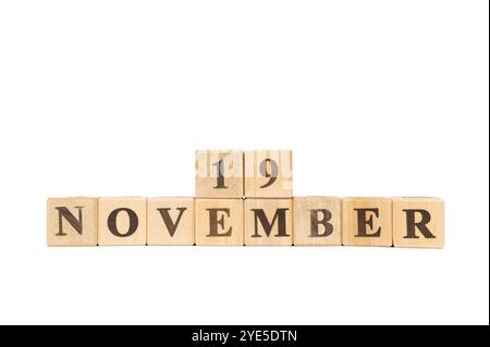 19. November, Holzwürfel auf isoliertem weißem Hintergrund. Anwar Sadat Besuch in Israel, Amazon kindle, Pele 1000. Tor, Entrepreneurs Day, Have A Bad Day Stockfoto