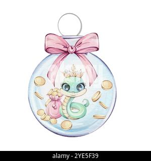Schlange. Ein bezauberndes Weihnachtsaquarell mit der bezaubernden Schlange neben einer wunderschönen Prinzessin. Symbol Reichtum des chinesischen Neujahrs 2025 in Stock Vektor