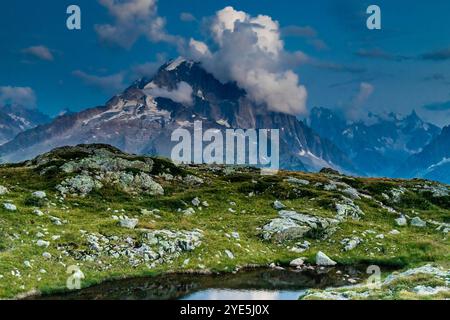 Der Gipfel des Petit Dru bietet schroffe Gipfel und Felsformationen vor klarem Himmel. Felsiger Gipfel des Aiguilles de Dru, les Drus in den Chamonix Alpen Stockfoto