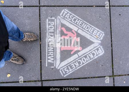 Warnung vor Taschendieben, auf dem Gehweg gesprüht, Aktion der Polizei NRW, an besonders gefährdeten Punkten, wie hier an der Haltestelle der Drachenfels Bahn, Königswinter, NRW, Deutschland, Taschendiebstahl Prävention *** Warnung vor Taschendiebstahl, auf den Gehweg gesprüht, Aktion der Polizei NRW, an besonders gefährdeten Stellen, wie hier an der Haltestelle Drachenfels, Königswinter, NRW, Deutschland, Taschendiebstahl Prävention Stockfoto