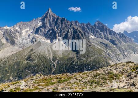 Der Gipfel des Petit Dru bietet schroffe Gipfel und Felsformationen vor klarem Himmel. Felsiger Gipfel des Aiguilles de Dru, les Drus in den Chamonix Alpen Stockfoto