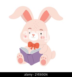 Ein süßer Plüschkaninchen mit einer Schleife hält ein Buch in seinen Pfoten. Ich liebe es zu lesen. Lustiger Hase mit Buch. Stock Vektor