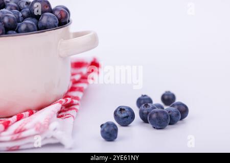 Ein Keramiktopf mit Heidelbeeren wird in einer klaren, detailreichen Aufnahme auf einem sauberen, unendlichen weißen Hintergrund präsentiert Stockfoto