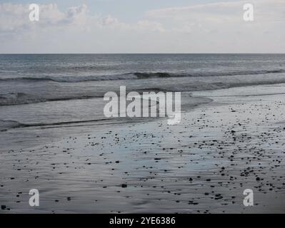 Küste im Sonnenlicht mit Reflexen auf nassem Sand. Stockfoto