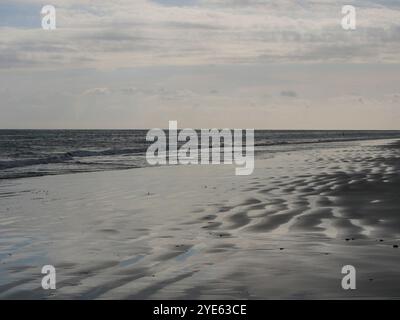 Küste im Sonnenlicht mit Reflexen auf nassem Sand. Stockfoto
