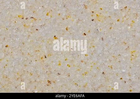 Weißer Sand Hintergrund Details Texturen gelbe Flecken körnige Salzoberfläche. Stockfoto