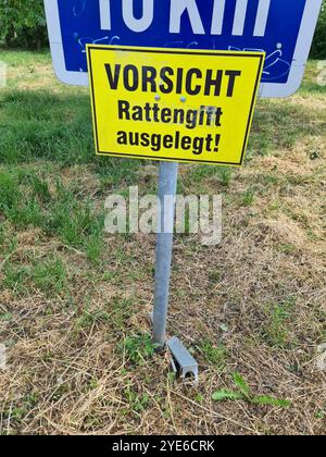 Braune Ratte, gemeine braune Ratte, Norwegerratte, gemeine Rattus norvegicus, Rattenköderbox und Schild mit der Aufschrift „Vorsicht vor Ratte Poison“, Deutschland Stockfoto