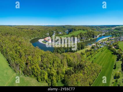 Donauschlucht Weltenburg und Kloster Weltenburg, Luftaufnahme, Deutschland, Bayern, Niederbayern, Niederbayern Stockfoto