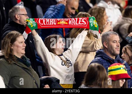 Cardiff, Großbritannien. Oktober 2024. Wales-Unterstützer in Vollzeit. Wales gegen die Slowakei in den Play-offs der UEFA-Europameisterschaft der Frauen im Cardiff City Stadium am 29. Oktober 2024. Quelle: Lewis Mitchell/Alamy Live News Stockfoto