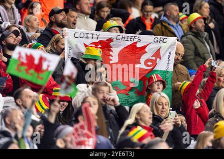 Cardiff, Großbritannien. Oktober 2024. Walisische Unterstützer in Vollzeit. Wales gegen die Slowakei in den Play-offs der UEFA-Europameisterschaft der Frauen im Cardiff City Stadium am 29. Oktober 2024. Quelle: Lewis Mitchell/Alamy Live News Stockfoto