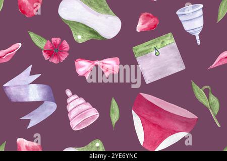 Wiederverwendbares Periode Pad, Tassen, Pantie Aquarell nahtloses Muster auf lila Hintergrund. Perfekt für Menstruationspflege, Werbung und Verpackung Stockfoto