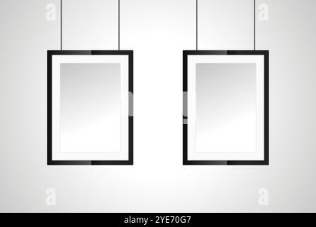 Zwei Bilderrahmen auf weißer Wand, in realistischem Vektor für Innenraum Schwarz blank, hölzerne Poster Bilderrahmen hängen an den Seilen, leere Poster Frames de Stock Vektor