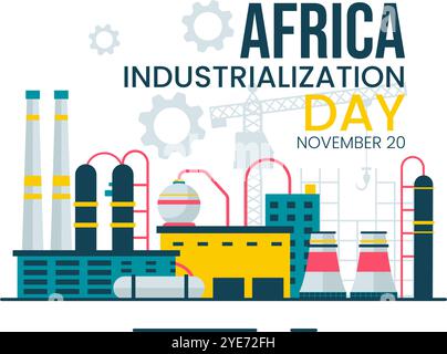 Afrikanischer Industrialisierungstag Vektor-Illustration eines Fabrikgebäudes mit Schornsteinen, die im Stadtzentrum arbeiten, in einem flachen Stil Hintergrund gesetzt Stock Vektor