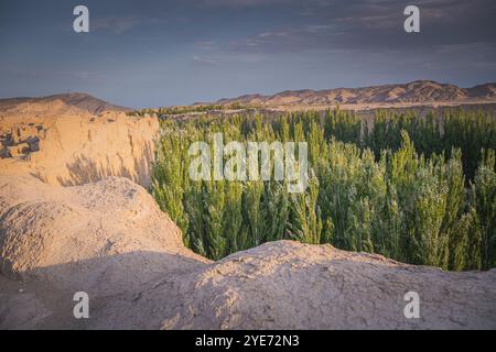 Canyons in der Nähe von Ruinen der antiken Stadt Jiaohe, Turpan, China. Gaochang und Jiaohe datieren mehr als 2000 Jahre und sind die ältesten und größten Ruinen in Xinjian Stockfoto