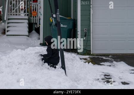 Starkschneefall stoppt das Leben in Alaska, Anchorage bedeckt in White Alaska, USA - 29. Oktober 2024 die Stadt Anchorage begrüßte den Winter mit dem ersten großen Schneefall der Saison. Der nächtliche Schneefall hat wichtige Straßen gesperrt, während Schneepflügen und Salzen in der ganzen Stadt voll ausgelastet sind. Die Schulen wechselten aufgrund des starken Schneefalls auf Fernunterricht, und die Gemeinde startete eine Online-Überwachungsplattform, um die Straßenverhältnisse im Auge zu behalten. Kinder und Haustiere spielen gerne im Schnee, während die Bewohner von Anchorage versuchen, die Herausforderungen zu meistern, die es mit sich bringt. Die Stadt Stockfoto