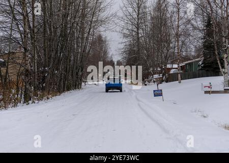 Starkschneefall stoppt das Leben in Alaska, Anchorage bedeckt in White Alaska, USA - 29. Oktober 2024 die Stadt Anchorage begrüßte den Winter mit dem ersten großen Schneefall der Saison. Der nächtliche Schneefall hat wichtige Straßen gesperrt, während Schneepflügen und Salzen in der ganzen Stadt voll ausgelastet sind. Die Schulen wechselten aufgrund des starken Schneefalls auf Fernunterricht, und die Gemeinde startete eine Online-Überwachungsplattform, um die Straßenverhältnisse im Auge zu behalten. Kinder und Haustiere spielen gerne im Schnee, während die Bewohner von Anchorage versuchen, die Herausforderungen zu meistern, die es mit sich bringt. Die Stadt Stockfoto