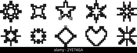 Gepixelter Stern- und Blumentiersatz. Schwarze 8-Bit-Bildsammlung mit Pixeln. Retro-Binary-Glitzer, Shine Burst, geometrische Glitzer-Form. Pixelsymbolbündel im y2k-Stil. Vektorabbildung Stock Vektor