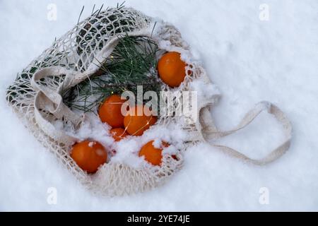 Reife Mandarinen im wiederverwendbaren Netzbeutel mit Tannenzweig im verschneiten Winter. Konzept nachhaltiger Weihnachtsfeier, Verantwortung und Inklusivität. Orangen im Baumwollbeutel Stockfoto