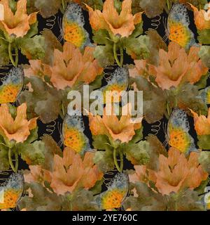 Dieses wunderschöne Blumendesign besticht durch zarte orangene Blüten und leuchtendes Grün auf einem dunklen, kontrastierenden Hintergrund. Nahtloses Aquarellmuster für den Druck auf Stoff und Papier. Stockfoto