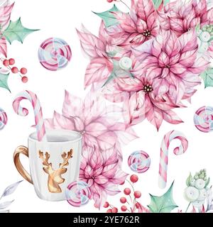 Nahtloses Aquarellmuster - weihnachtlicher weißer Becher mit goldenen Rentieren, mit durchbrochener Schneeflocke, Zuckerrohr, roten Weihnachtsstern Blumenstrauß Stock Vektor