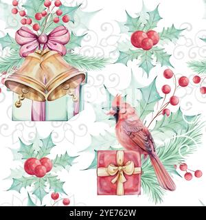 Aquarell nahtloses Muster - Weihnachtsvogel roter Kardinal, Glocken, Geschenk, Beeren, rote Laterne, weihnachtsstern Blumenstrauß mit holly-grünen Blättern Stock Vektor