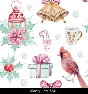 Aquarell nahtloses Muster - Weihnachtsvogel roter Kardinal, Glocken, Geschenk, Beeren, rote Laterne, weihnachtsstern Blumenstrauß mit holly-grünen Blättern Stock Vektor