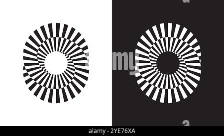 Unmögliche geometrische Form von Kreis-OP-Art. Mobius-Augenoptik mit spiralförmigen schwarz-weißen Linien. Stock Vektor