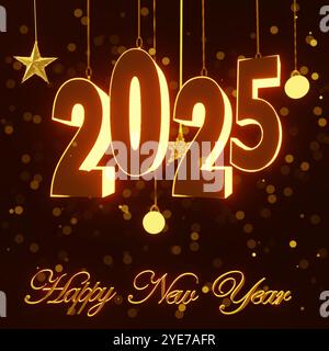 Frohes Neues Jahr 2025. Goldene 3D-Zahlen mit goldenen Glitzern auf einem unscharfen, bunten Bokeh-Hintergrund. Stockfoto
