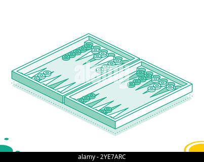 Backgammon. Isometrisches Brettspiel. Spieltisch für Freizeit. Vektorabbildung. Konturobjekte auf weißem Hintergrund isoliert. Stock Vektor